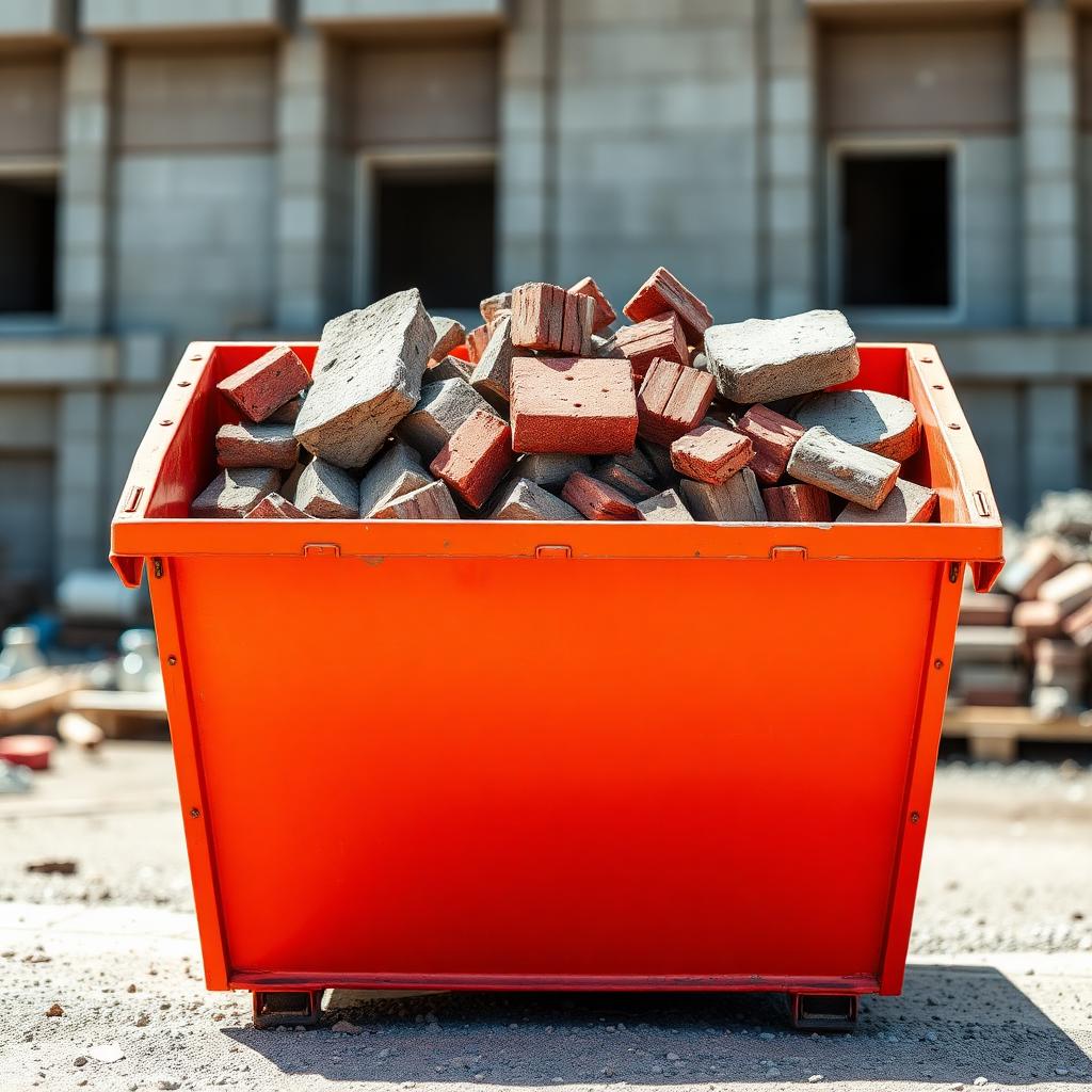 Orange skip bin filled with concrete, bricks and tiles